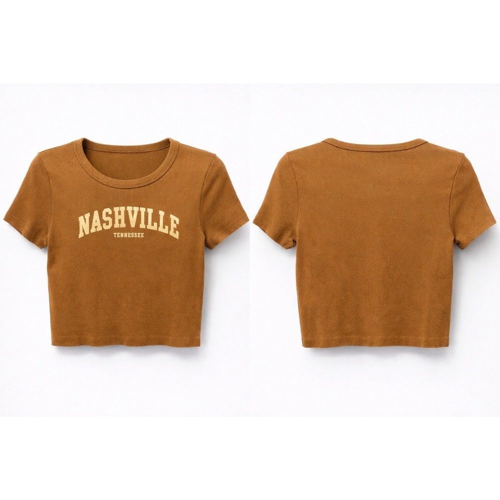 Social‎ Culture Nashville Graphic Crop Top Womens L Brown Ribbed Cotton Western